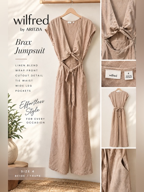 Wilfred Pants - Wilfred by Aritzia Brax Linen Blend Wrap Jumpsuit Size 4 Beige Taupe Cutout Wide